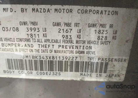 2008 Mazda Mazda3 S Grand Touring from USA, damaged, VIN JM1BK343X81139227